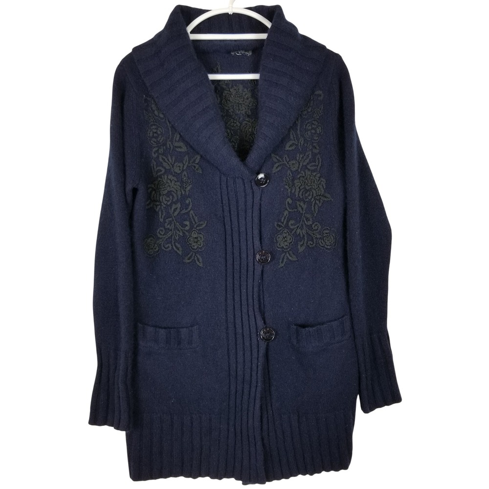 Sonia Bogner 100% Cashmere Cardigan Navy Blue Floral Embroidery Shawl‎ Collar 10